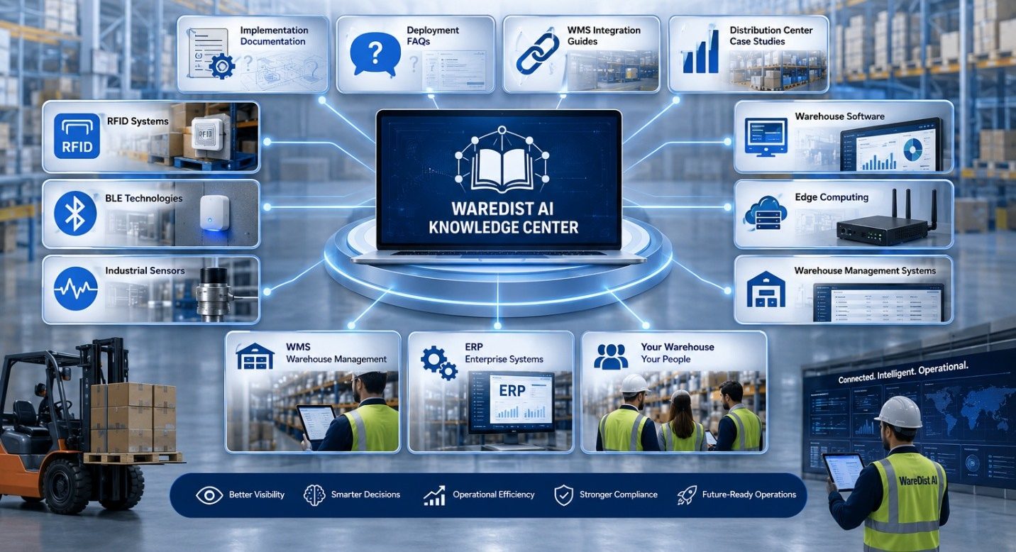 Centralized Warehouse AIoT Knowledge Center linking RFID, BLE, WMS, ERP, edge computing, devices, documentation, case studies, and warehouse teams.
