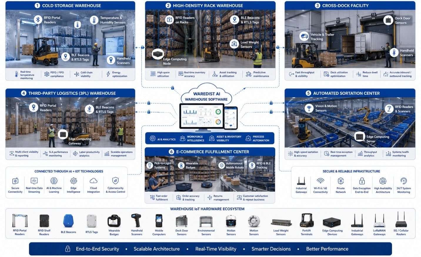 AI and IoT warehouse environments with RFID, BLE, RTLS, devices, forklifts and dashboards across cold storage, 3PL and fulfillment centers.