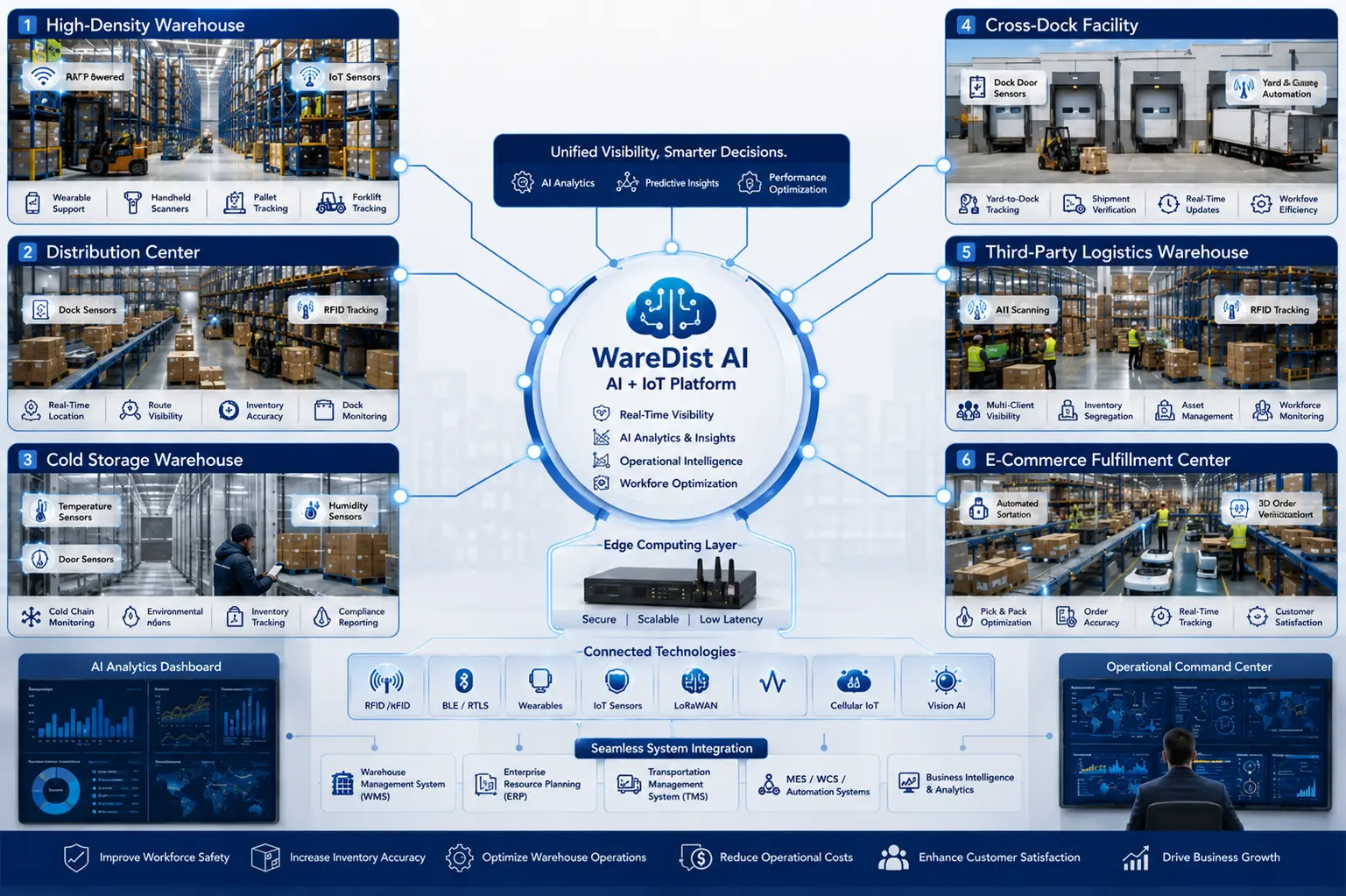 Enterprise diagram showing WareDist AI connecting six warehouse environments with RFID, BLE, IoT devices, edge computing, dashboards, and AI.